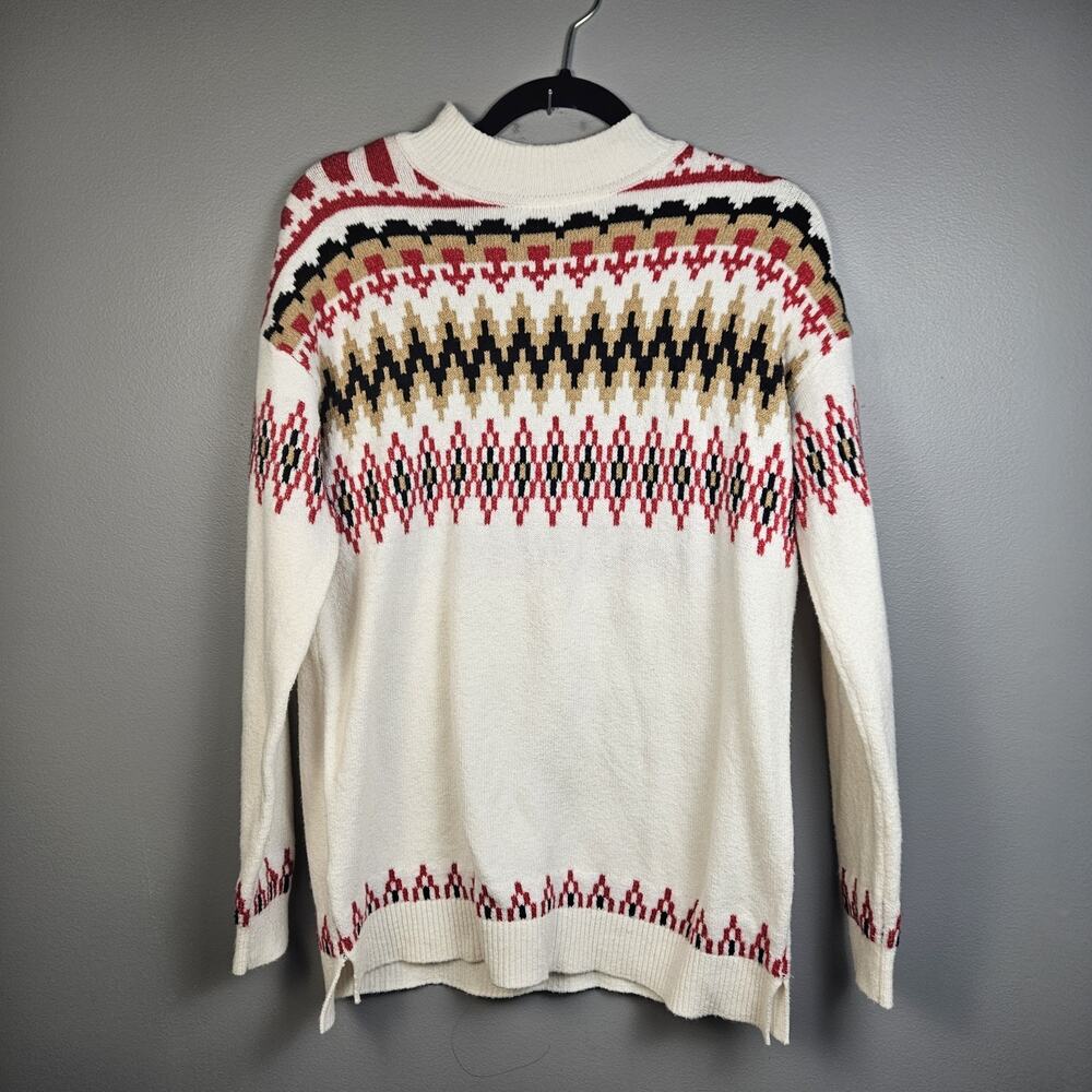 Ann Taylor LOFT Fair Isle Mock Neck Tunic Ski Sweater Womens Small Whisper White